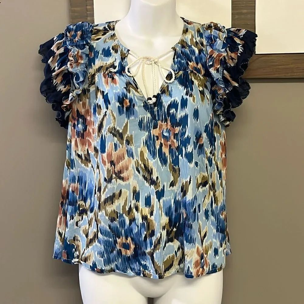 House of Harlow 1960 Boho Floral Ruffled Sleeve V-Neck Blouse w/ Rope Tie-Small